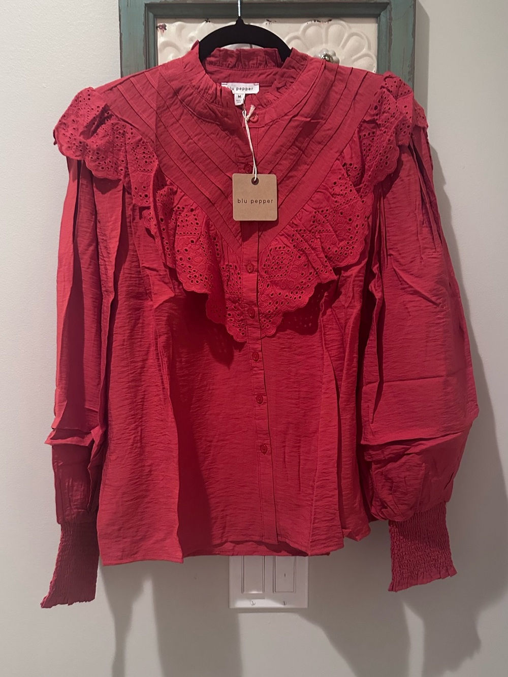 Blu Pepper Red Eyelet Ruffle Button-Front Blouse - Picture 1 of 6